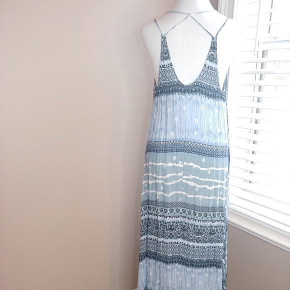 Escape Blu Pepper Maxi Dress Medium blue cross cross back stripes flora - Picture 3 of 5